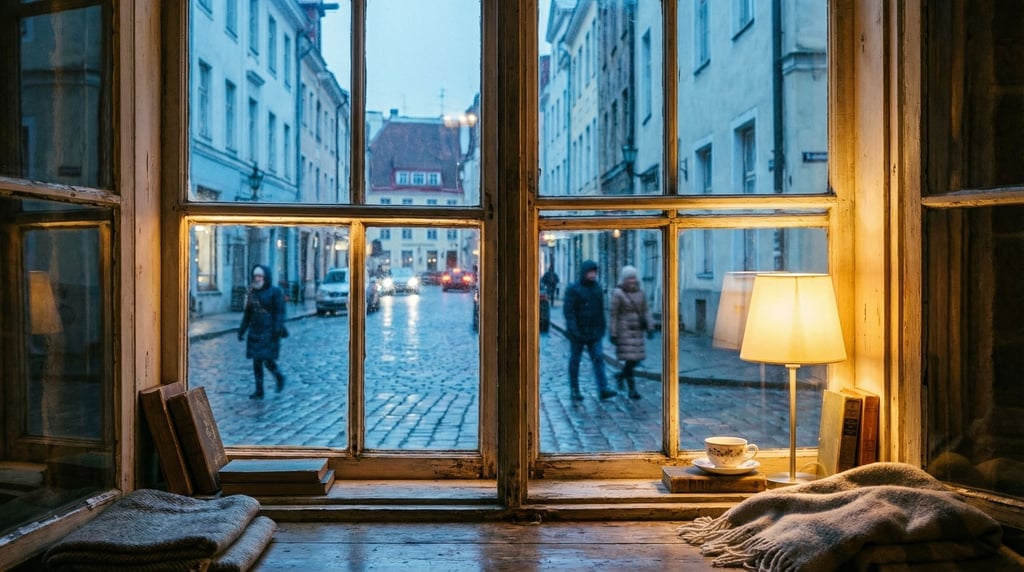 Looking out through a old wooden-frame window in a historic building at a northern European city str