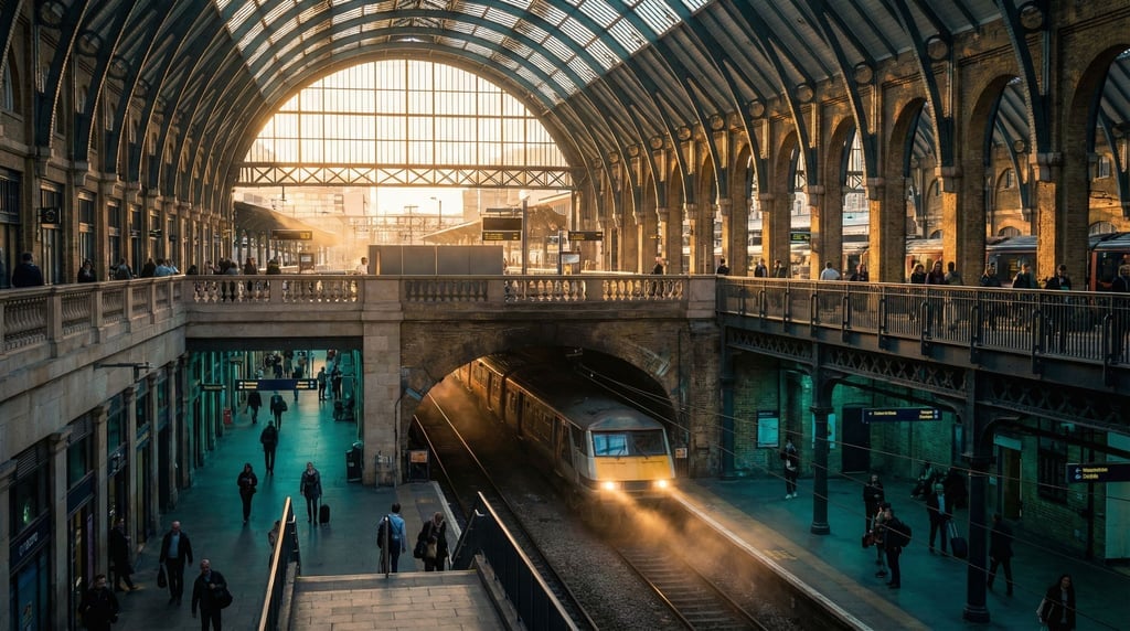 Grand central railway station concourse, steel and glass canopy filtering daylight