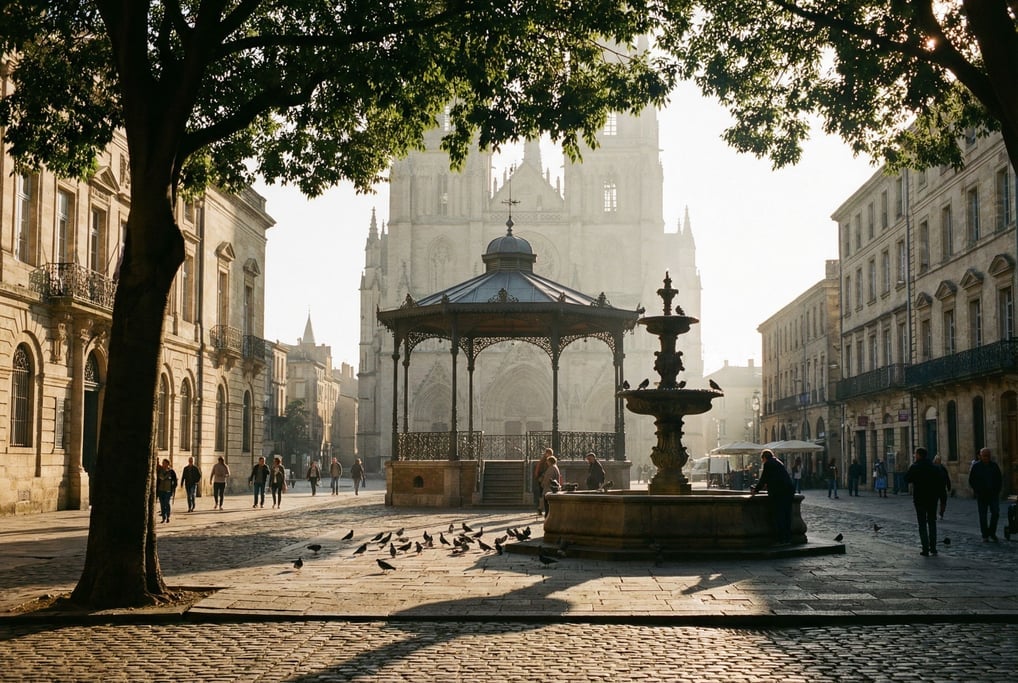 Tree-shaded plaza with a bandstand in a European city, pigeons gathered near the fountain