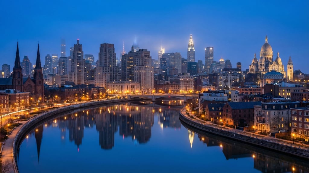 Art deco city skyline reflected in a calm river at blue hour