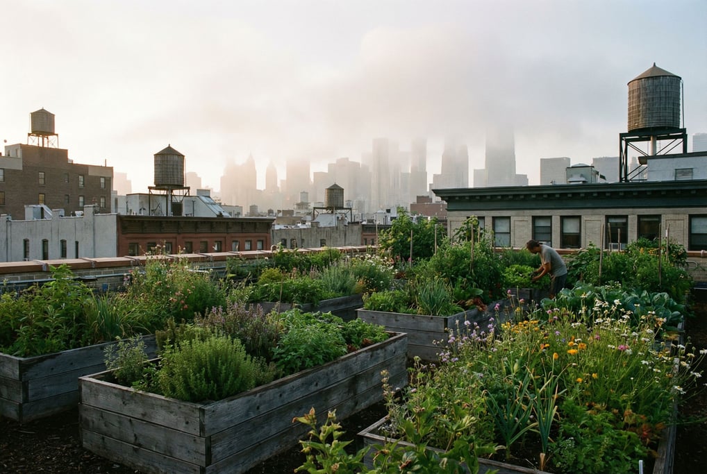 Rooftop garden overlooking downtown at misty morning, raised planting beds with herbs and flowers