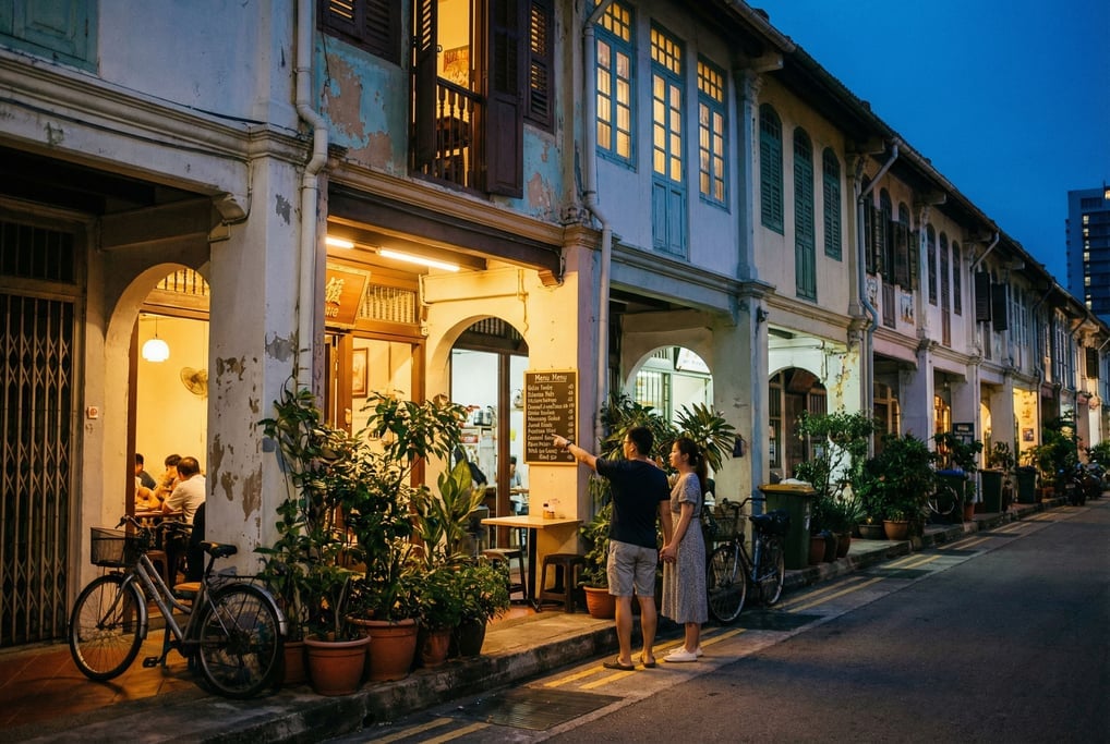 Narrow Singapore shophouse row with potted plants and bicycles lining the narrow sidewalk