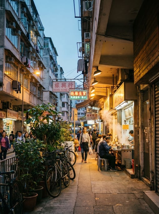Narrow Hong Kong tong lau neighborhood street with potted plants and bicycles lining the narrow side