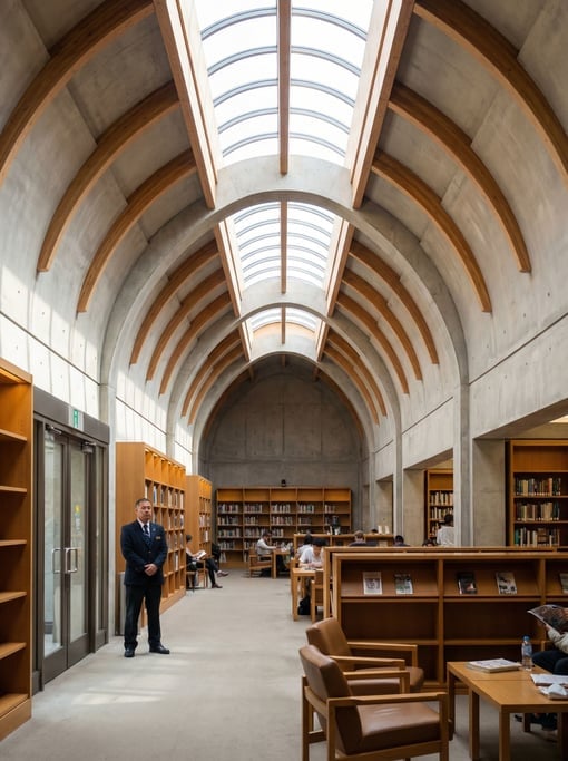Vaulted gallery with skylights inside a city library