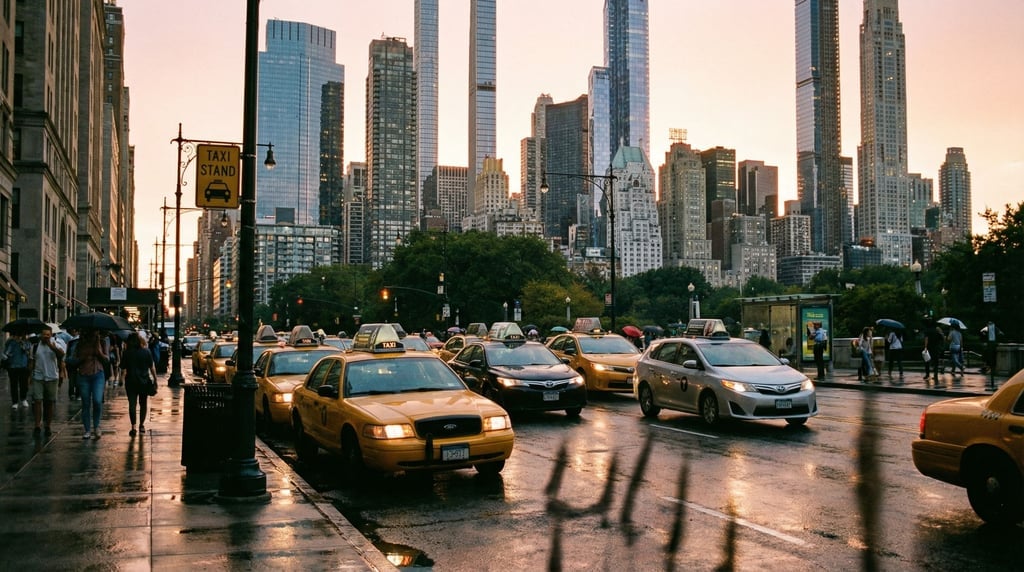 Taxi stand with a queue of yellow cabs on a rain-slicked main road in a modern city, sunset