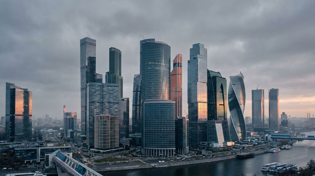 Sweeping panoramic view of a modern glass and steel city skyline at early morning