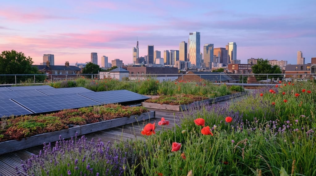 Green roof with wildflower meadow overlooking downtown at dawn