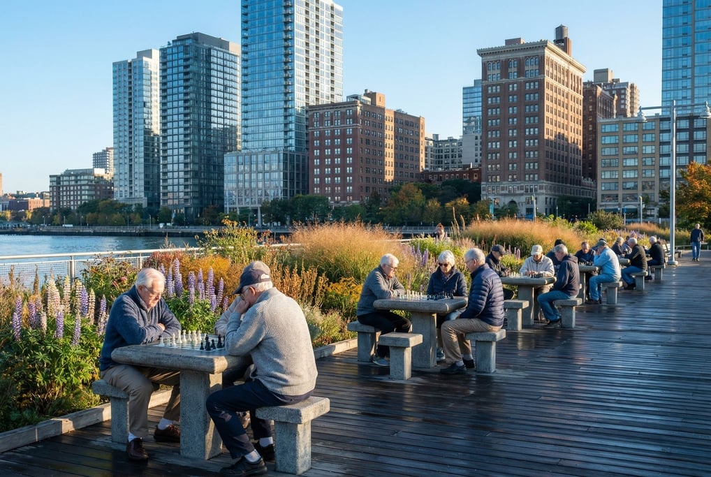 Riverside boardwalk with benches with city towers visible in the background