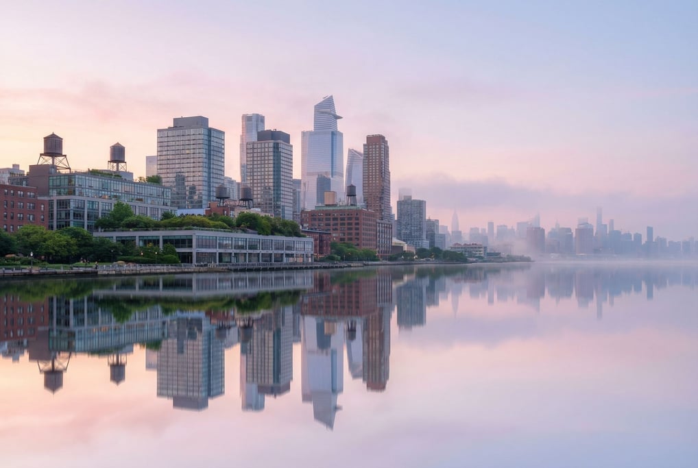 Postmodern city skyline reflected in a calm river at dawn