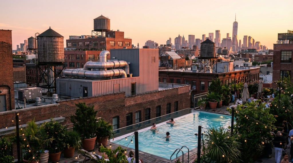 Rooftop pool deck overlooking downtown at sunset