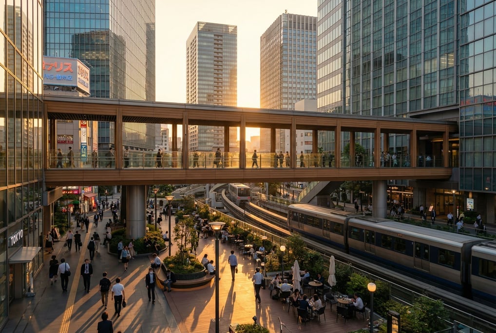 Elevated walkway between glass towers in a Tokyo