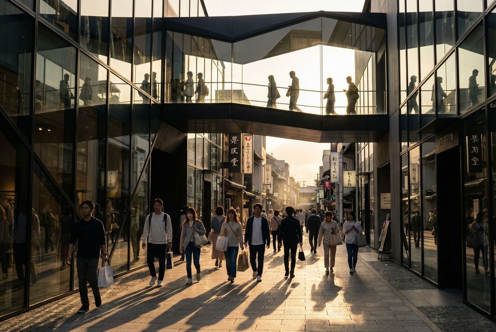 Pedestrian shopping street with boutiques in a Kyoto