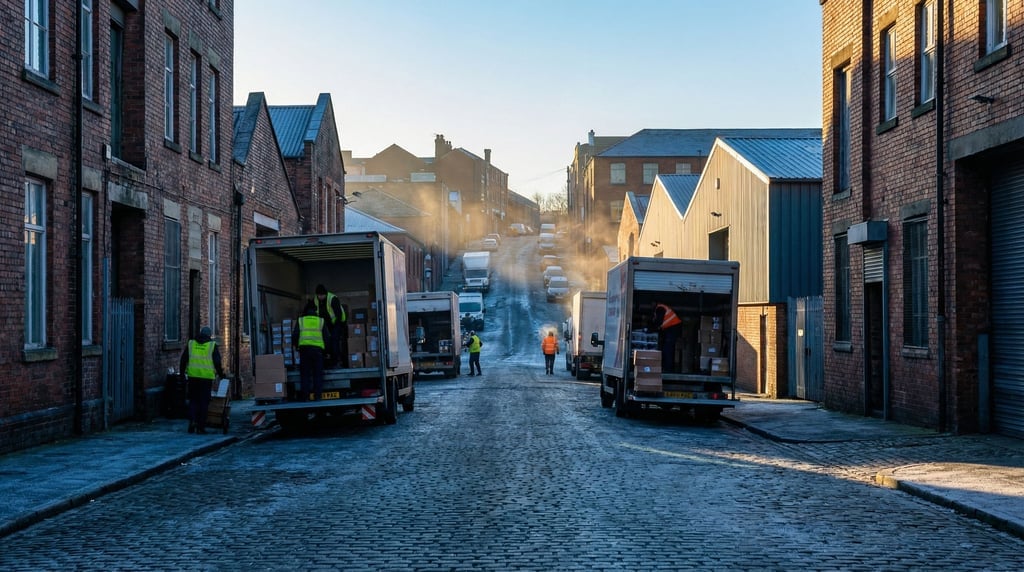 Delivery trucks unloading on a commercial street on a steep hillside road in a industrial city