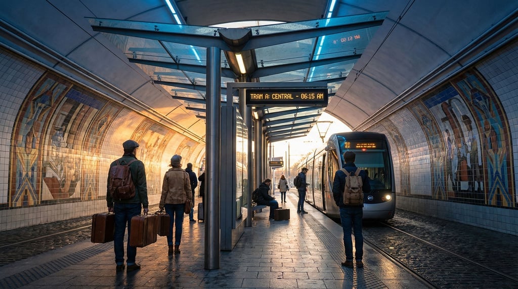 Modern tram stop with glass shelter, art deco tile murals on the walls