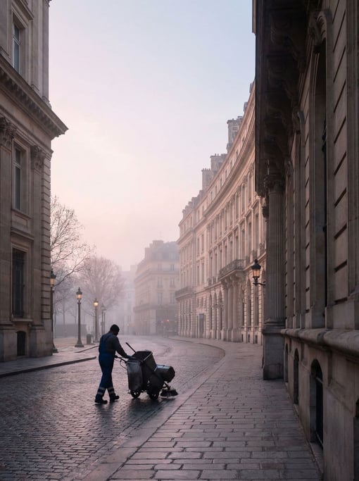 Grand Renaissance boulevard with carved stone cornices and pilasters creating rhythmic shadows