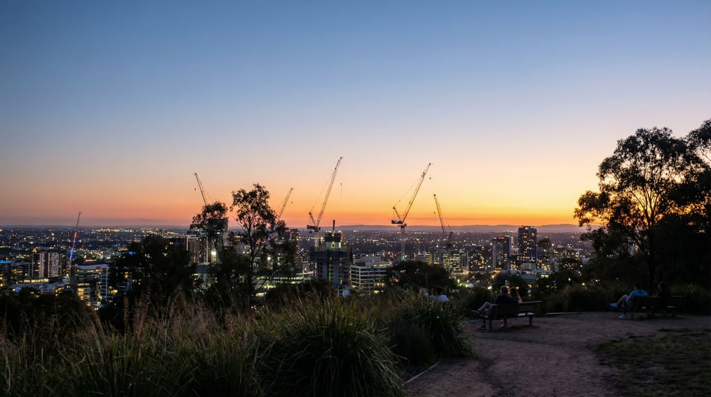 Distant city skyline seen from a hilltop park overlooking the city