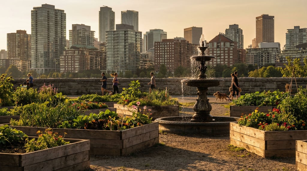 Community garden with raised beds with city towers visible in the background