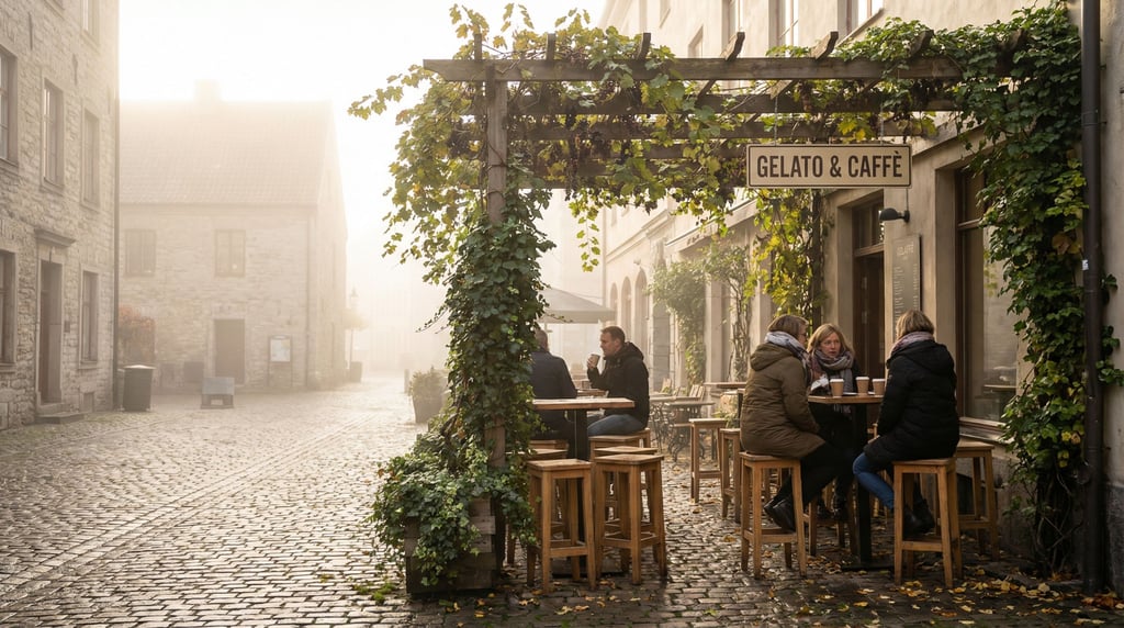 Outdoor gelateria with outdoor stools on a northern European city square