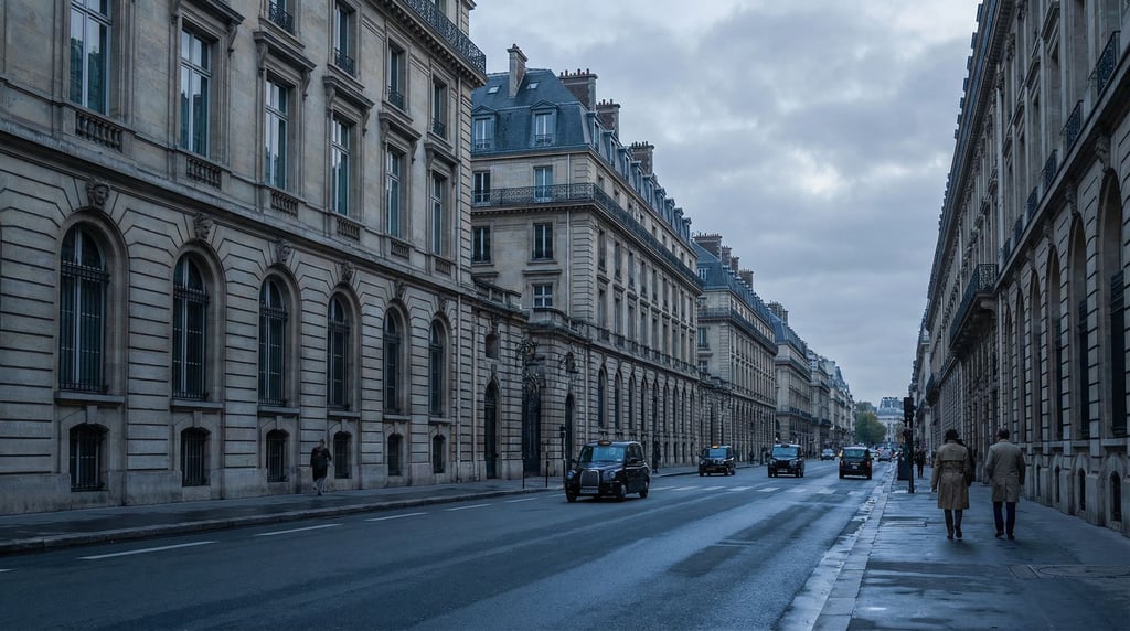 Grand Haussmann-style boulevard with tall arched windows with decorative keystones, early morning