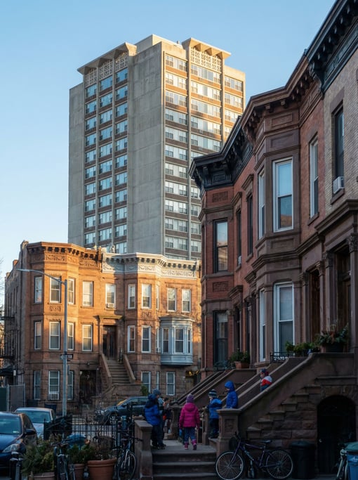 Mid-century modern apartment tower in a historic neighborhood