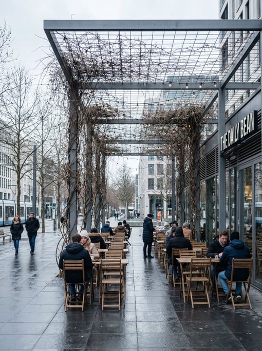 Outdoor coffee shop with sidewalk seating on a modern city square