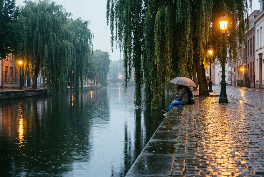 City canal lined with weeping willows hanging over the water edge, dusk, reflections in the water