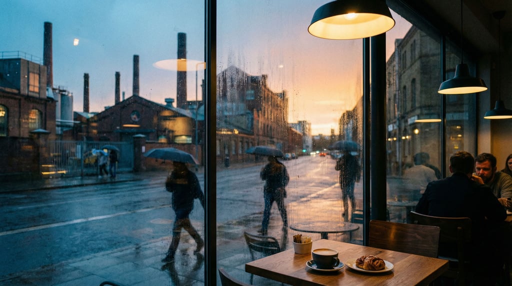 Looking out through a café window with slight condensation at a industrial city street