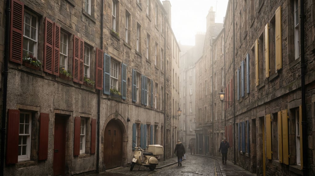 Narrow Edinburgh close between tenements with colorful shuttered windows at different heights