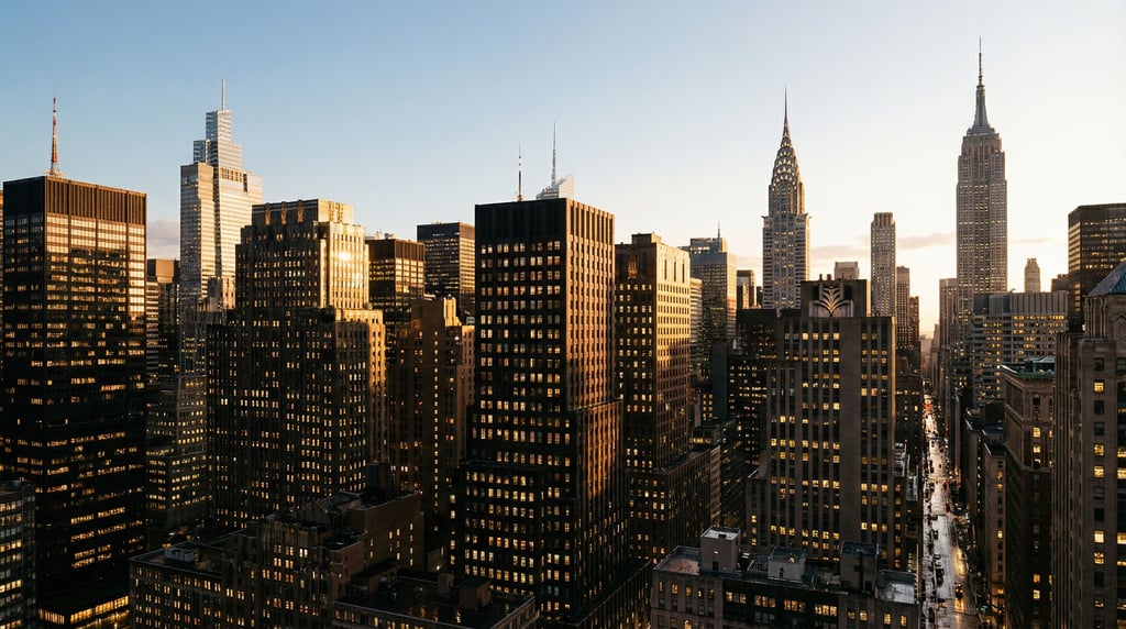 Sweeping panoramic view of a art deco city skyline at late afternoon