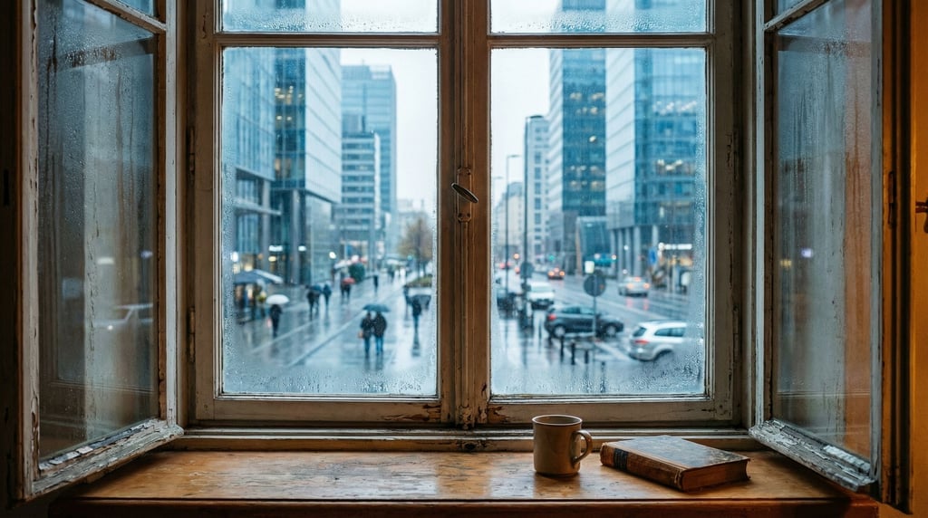 Looking out through a old wooden-frame window in a historic building at a modern city street
