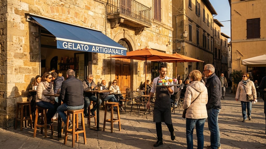Outdoor gelateria with outdoor stools on a Mediterranean city square