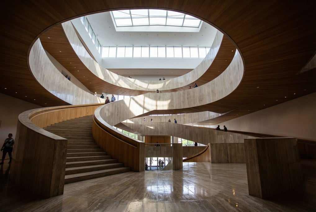 Spiral staircase seen from below inside a concert hall