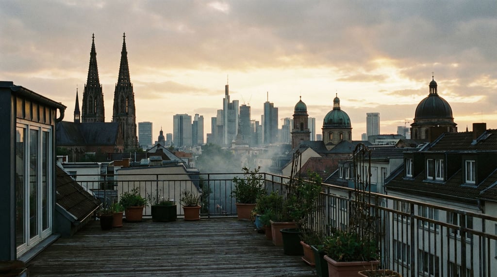 Distant city skyline seen from a residential rooftop terrace