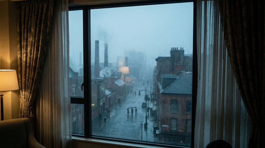 Looking out through a hotel room window on a high floor at a industrial city street