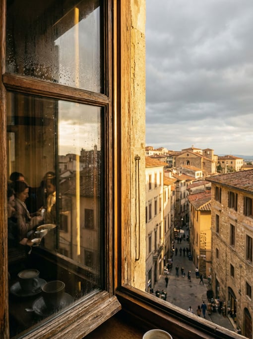 View through a café window with slight condensation overlooking a Mediterranean cityscape at late af
