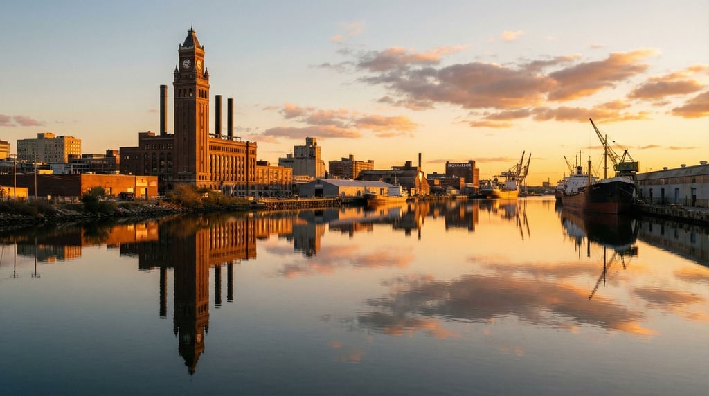 Industrial waterfront city skyline reflected in a calm river at golden hour