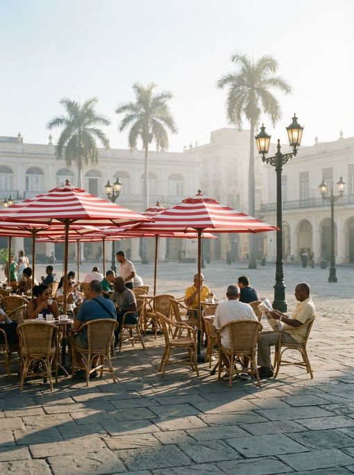 Outdoor café terrace on a tropical city square, red and white striped umbrellas providing shade