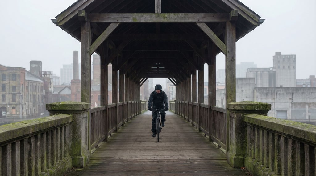 Covered wooden footbridge at overcast midday, stone balustrades with weathered moss