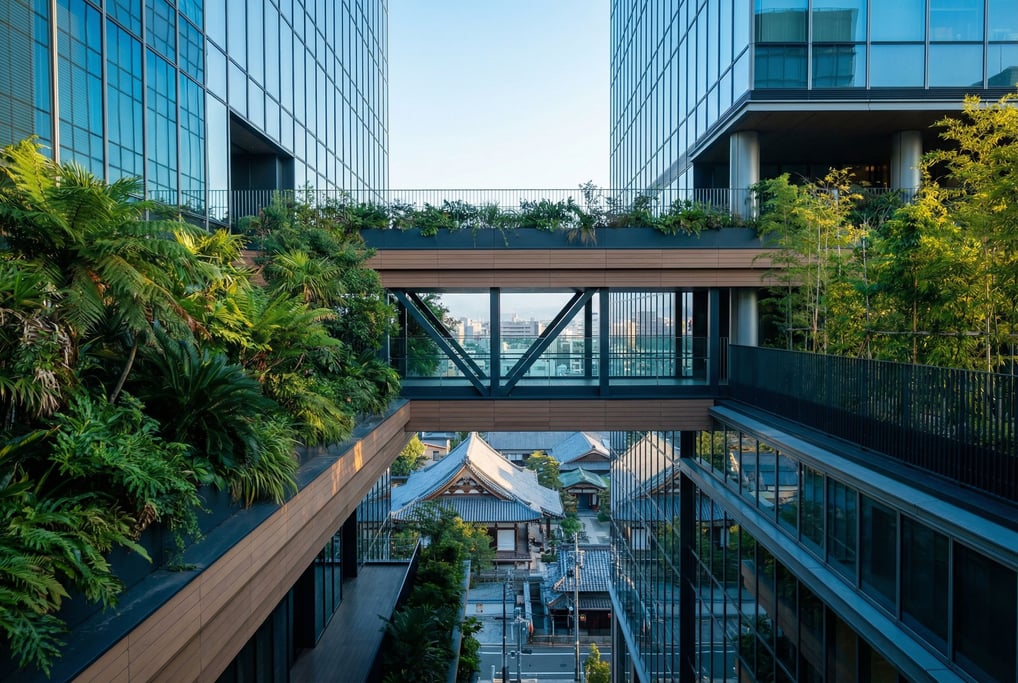 Elevated walkway between glass towers in a Kyoto