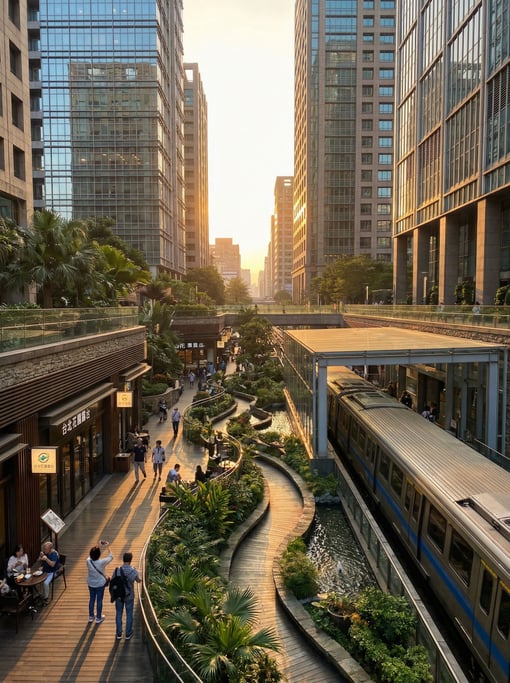 Public garden terrace between skyscrapers in a Taipei