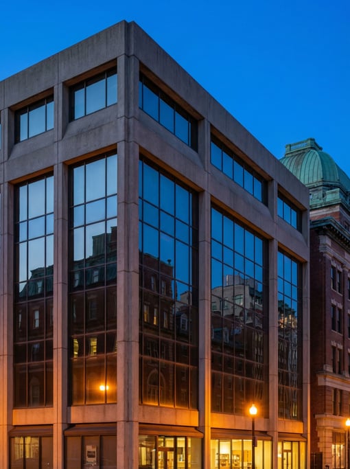 Prefabricated concrete panel block with reflections of surrounding buildings in the glass