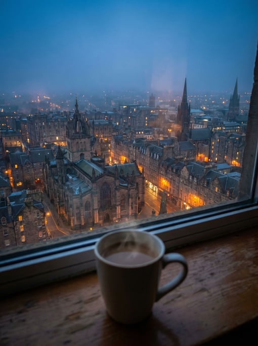 View through a hotel room window on a high floor overlooking a historic cityscape at dusk