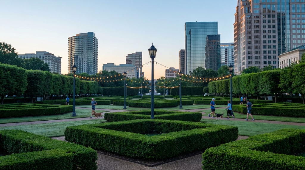 Manicured city garden with formal hedges with city towers visible in the background