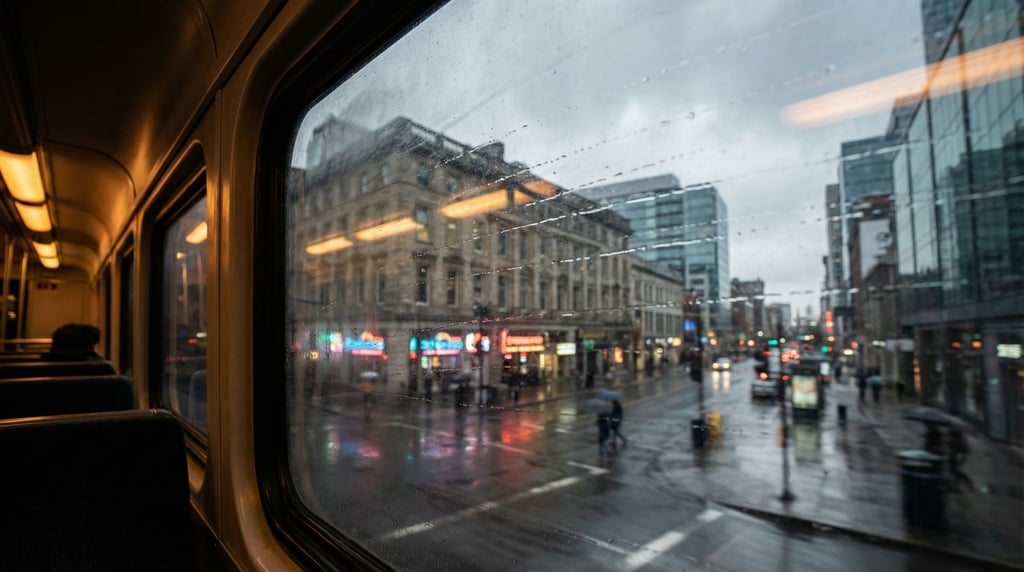 Looking out through a train window speeding past the city at a cosmopolitan city street