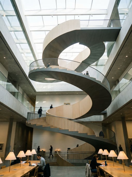 Spiral staircase seen from below inside a modern art museum