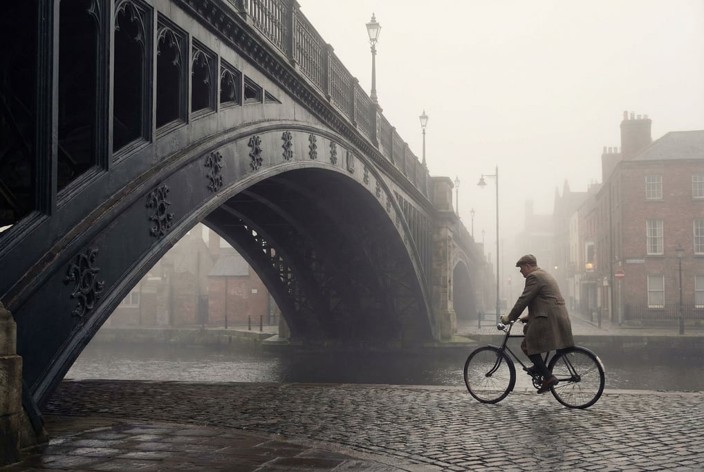 Cast iron Victorian bridge at misty morning