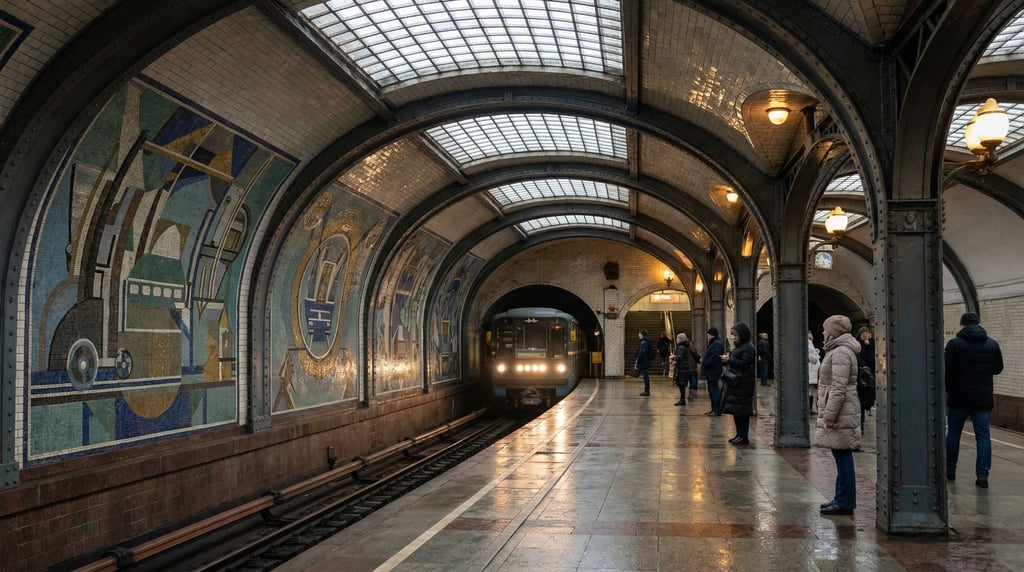 Underground metro station with a long curved platform, art deco tile murals on the walls
