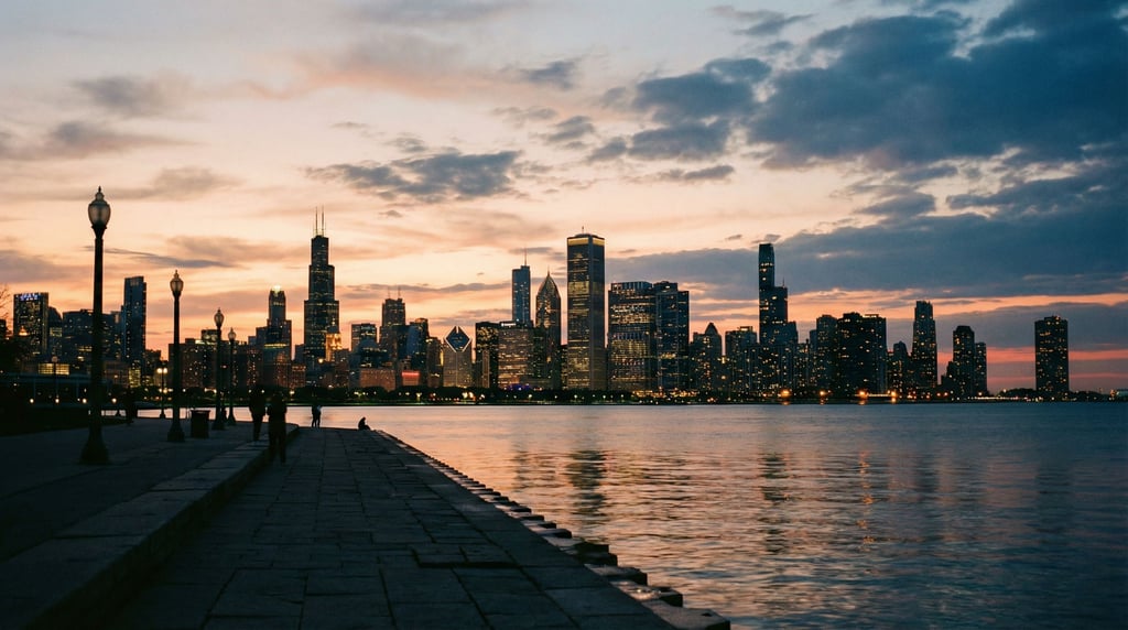 Distant city skyline seen from a lakeside promenade