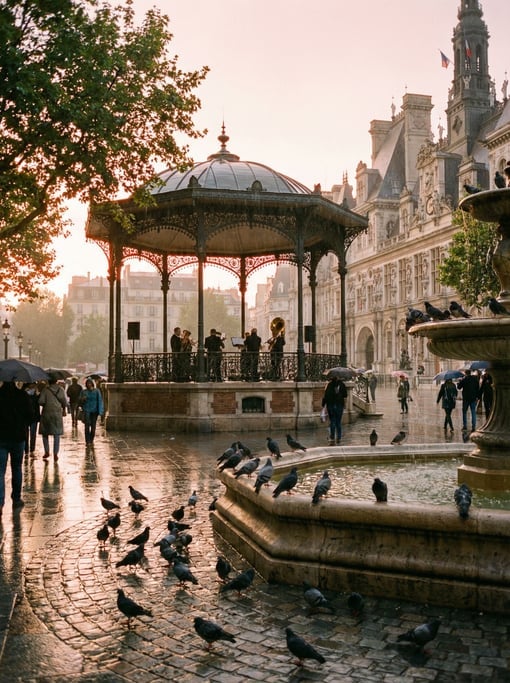 Tree-shaded plaza with a bandstand in a European city, pigeons gathered near the fountain, sunset