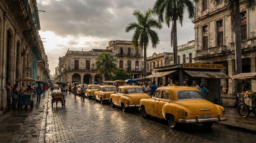 Taxi stand with a queue of yellow cabs on a narrow cobblestone lane in a tropical city